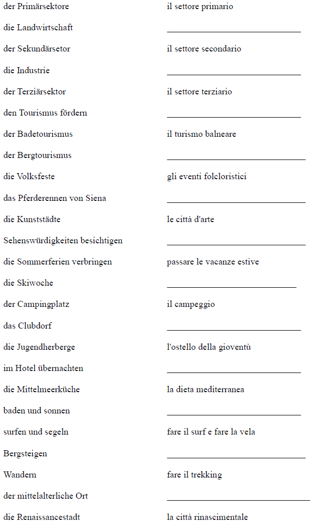 Vokabeltabelle Turismo Partner A