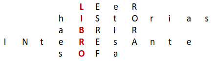 Die Wörter LEeR, hIStOrias, aBRiR, INteREsAnte und sOFa sind versetzt untereinander geschrieben, sodass in einer Spalte die Buchstaben das Wort LIBRO ergeben.
