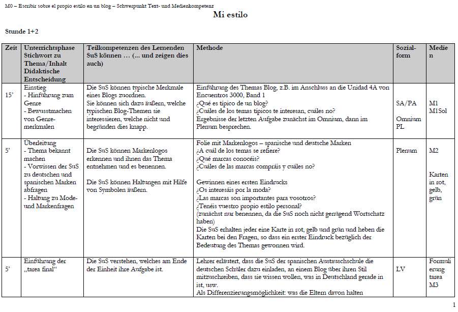 Verlaufsplan, erste Seite