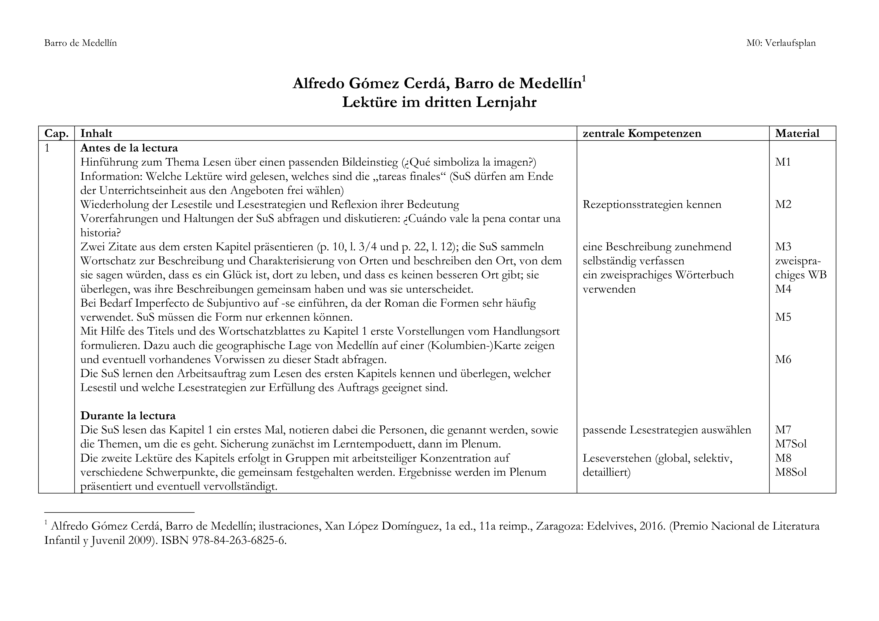 Alfredo Gómez Cerdá, Barro de Medellín - Lektüre im dritten Lernjahr